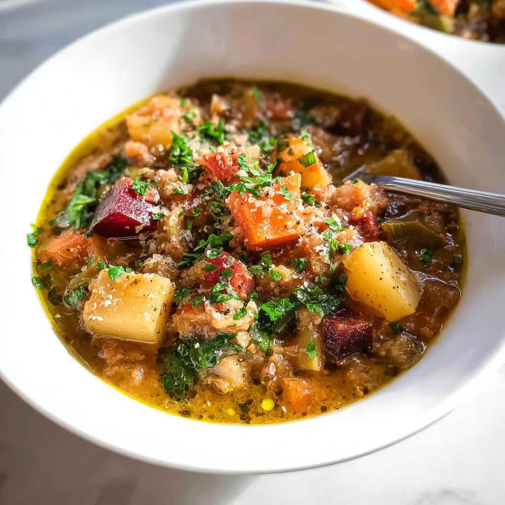 Close-up of a hearty Root Veggie December Dog Stew, featuring chunks of root vegetables, broth, and fresh parsley garnish.