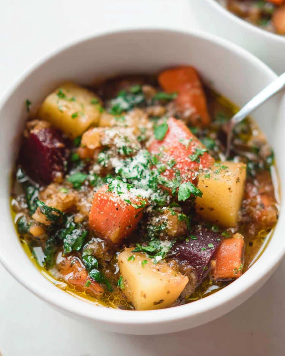 Close-up of Root Veggie December Dog Stew with chunks of carrots, potatoes, and beets, topped with herbs and cheese.