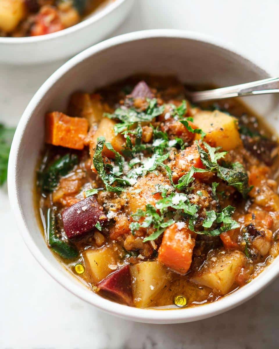Close-up of a hearty bowl of Root Veggie December Dog Stew, featuring chunks of root vegetables topped with herbs and cheese.