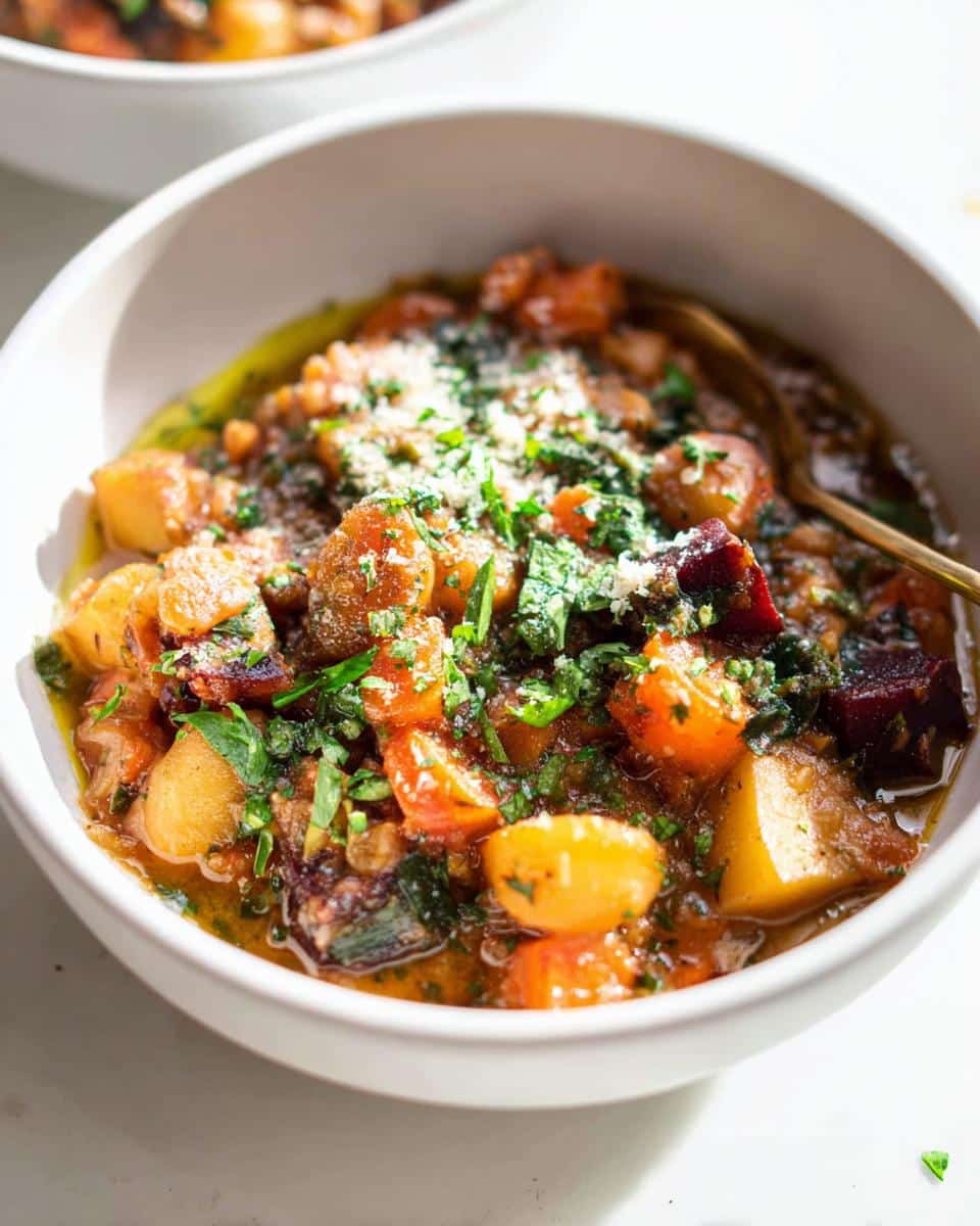 Close-up of a white bowl filled with Root Veggie December Dog Stew, topped with herbs and cheese.