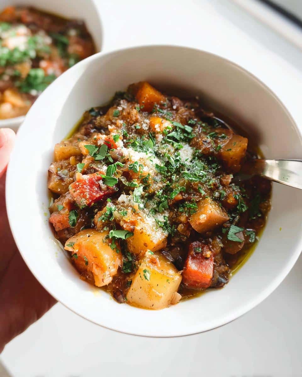 Close-up of a white bowl filled with hearty Root Veggie December Dog Stew, topped with herbs and cheese.