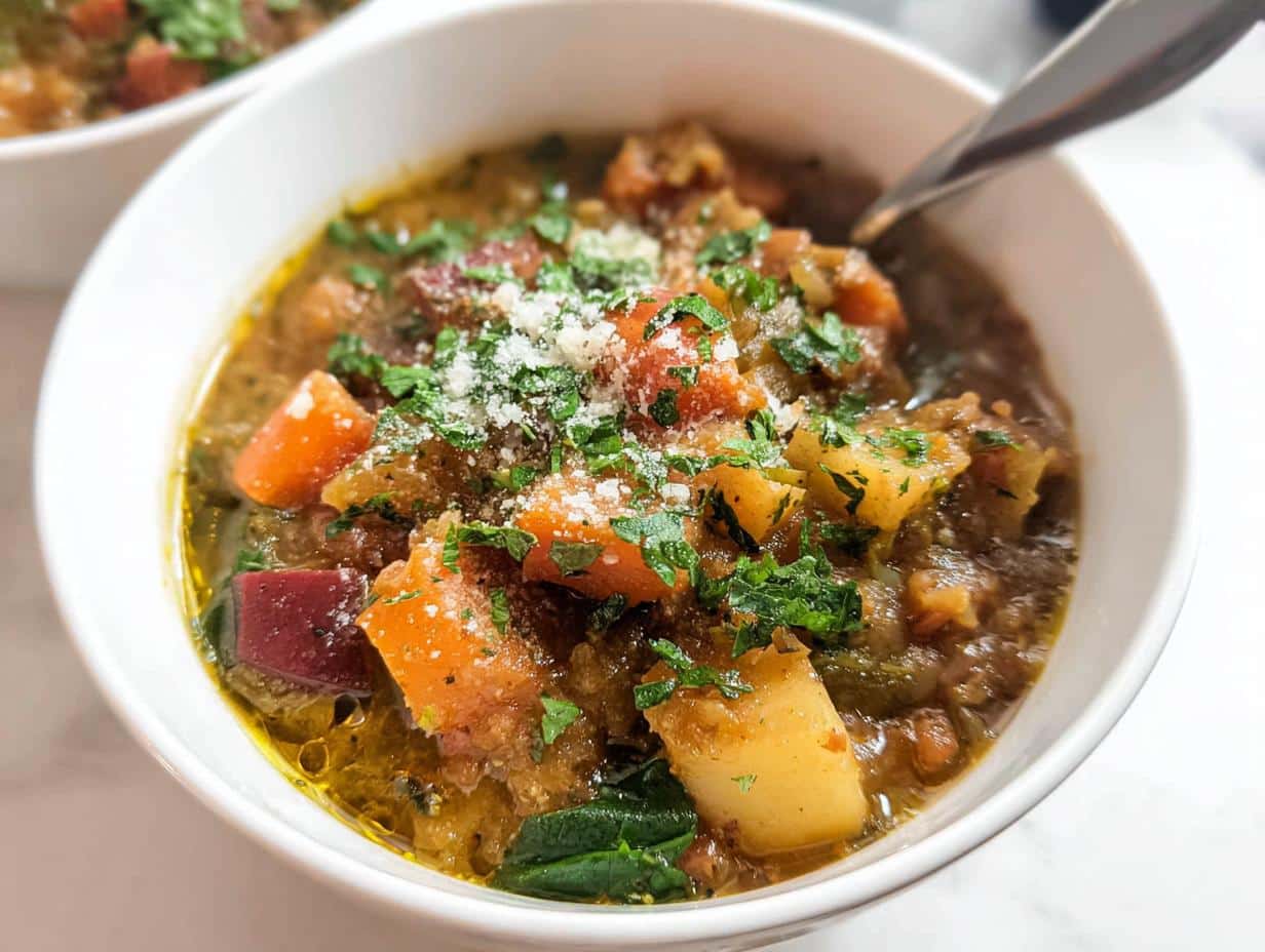 Close-up of a bowl of hearty Root Veggie December Dog Stew topped with fresh parsley and grated cheese.