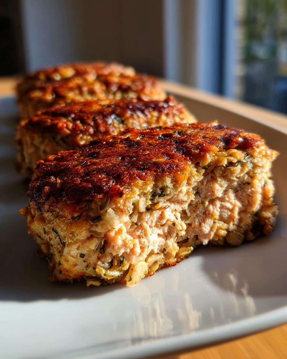 Close-up of a cross-section of a baked Salmon Oat Winter Supper cake showing flaky salmon and oats.
