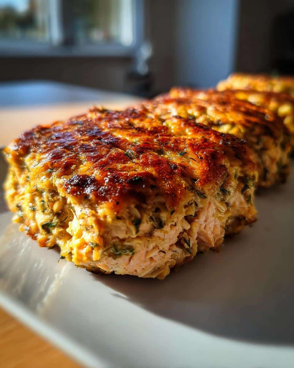Close-up of golden-brown baked Salmon Oat Winter Supper portions lined up on a plate.