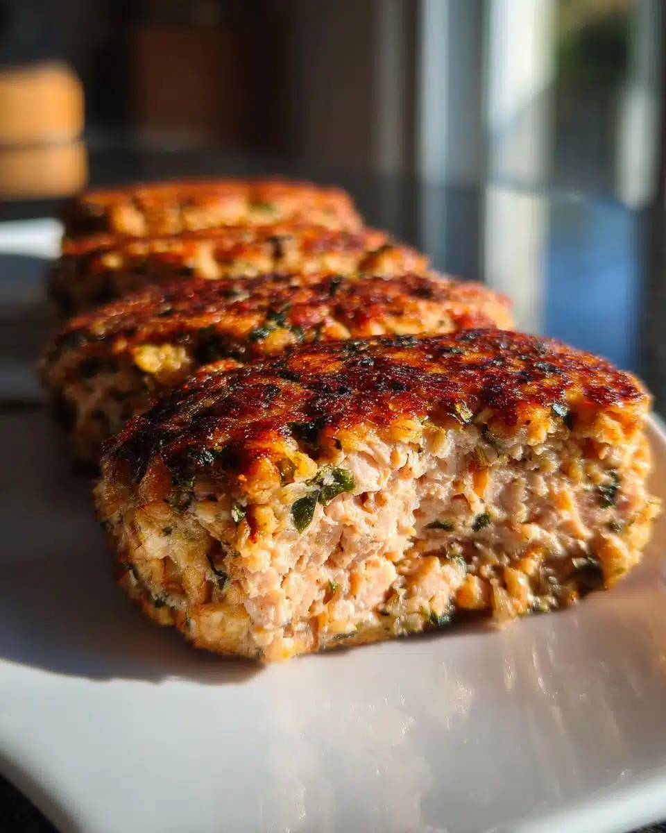 A close-up view of a freshly cooked, browned salmon oat patty cut in half, showing flaky texture, perfect for a Salmon Oat Winter Supper.