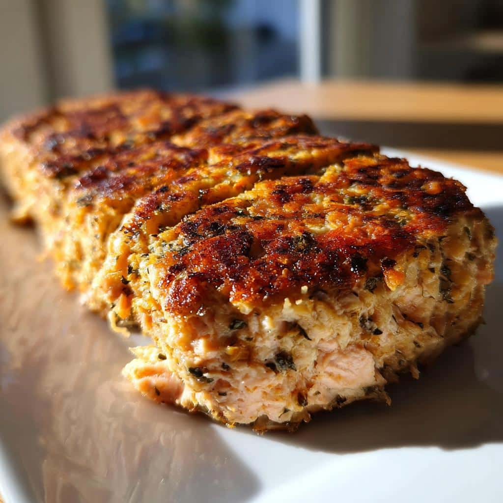 Close-up of golden-brown, herbed salmon oat patties sliced on a white plate, perfect for a Salmon Oat Winter Supper.