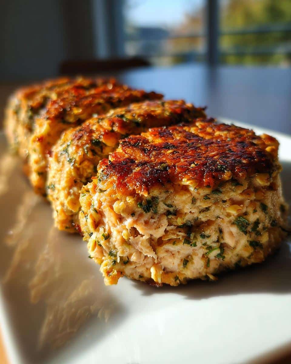 Close-up of three perfectly seared Salmon Oat Winter Supper patties lined up on a white plate.