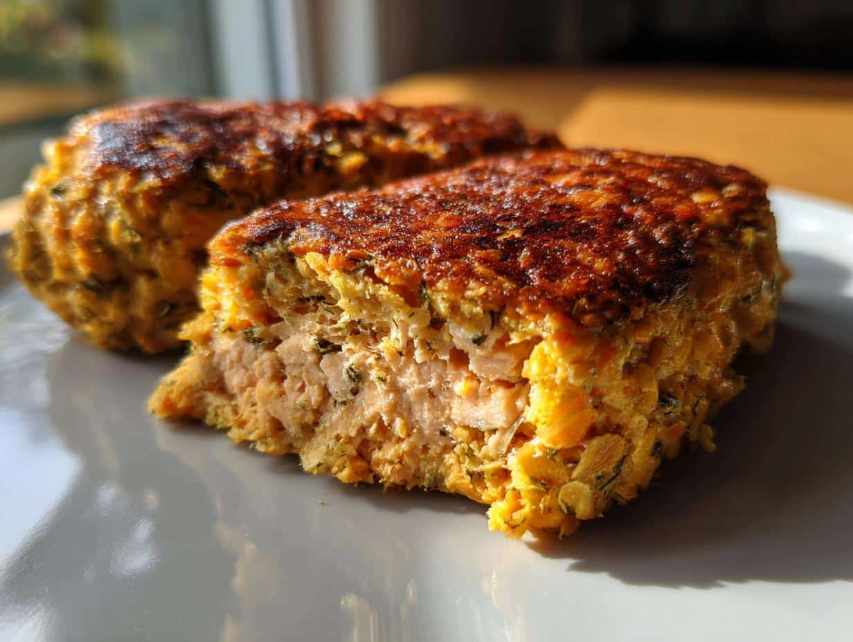 Cross-section of a golden-brown Salmon Oat Winter Supper patty showing moist salmon center and oat texture.
