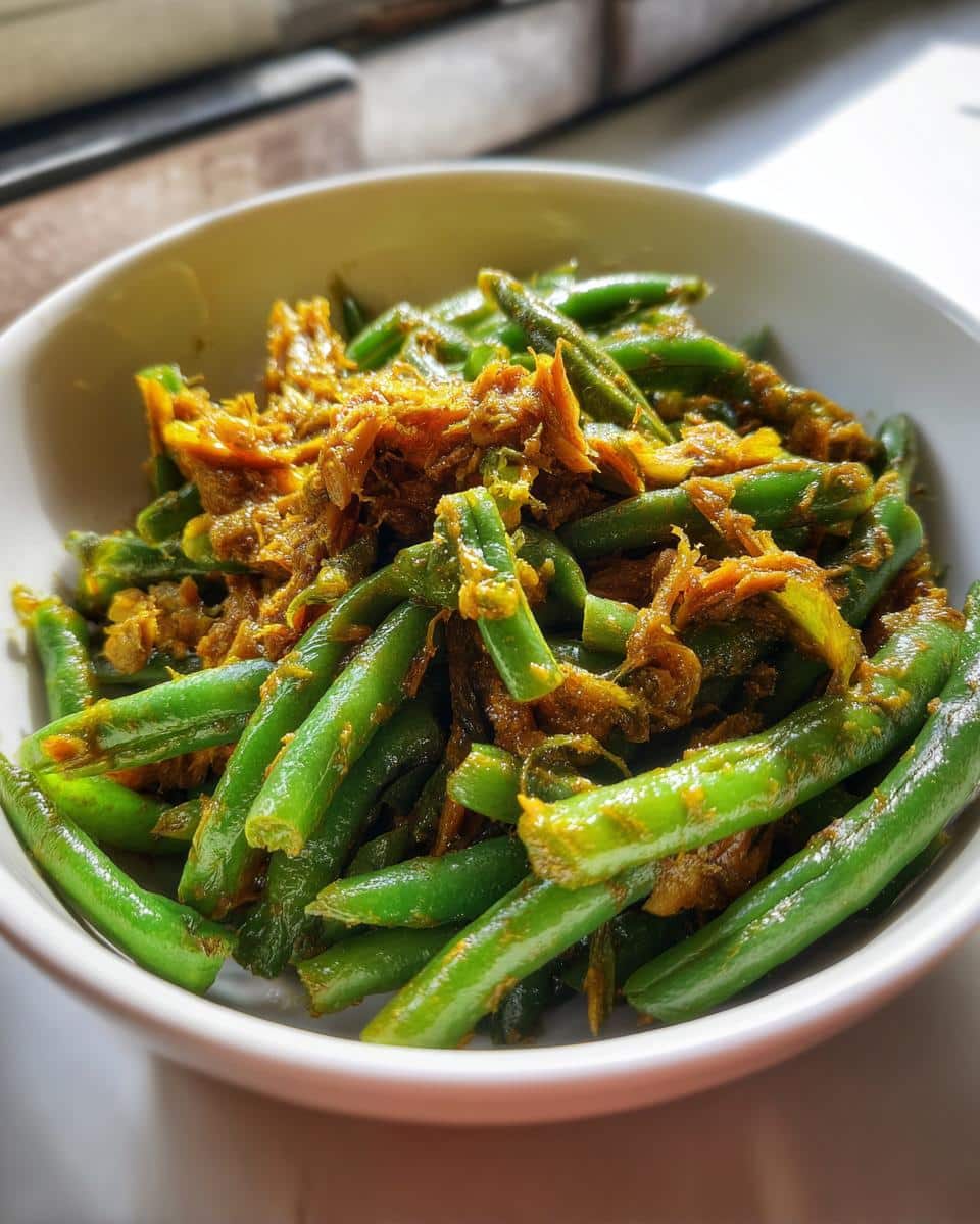 Close-up of bright green beans mixed with flaked, spiced sardine in a white bowl, part of a Sardine Green Bean Dog Meal.