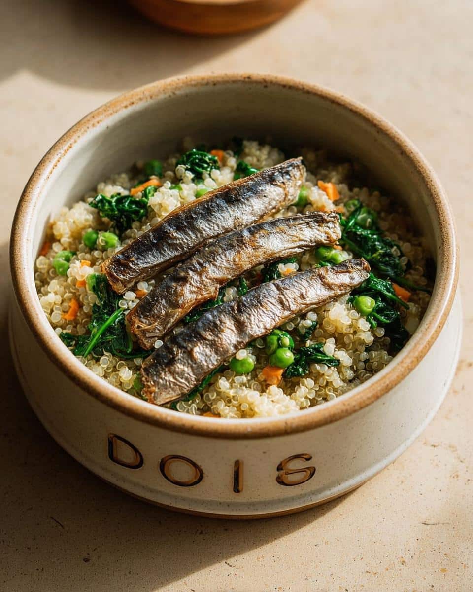 Close-up of a Sardine Quinoa Stamina Bowl topped with three whole sardines, mixed with green peas and spinach.