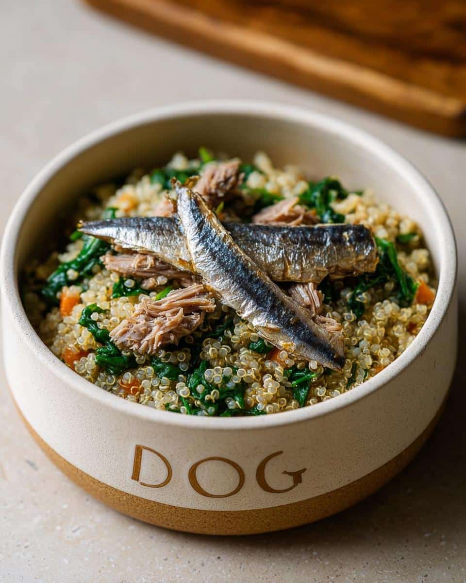 Close-up of a Sardine Quinoa Stamina Bowl featuring quinoa, greens, shredded meat, and whole sardines in a bowl labeled 'DOG'.
