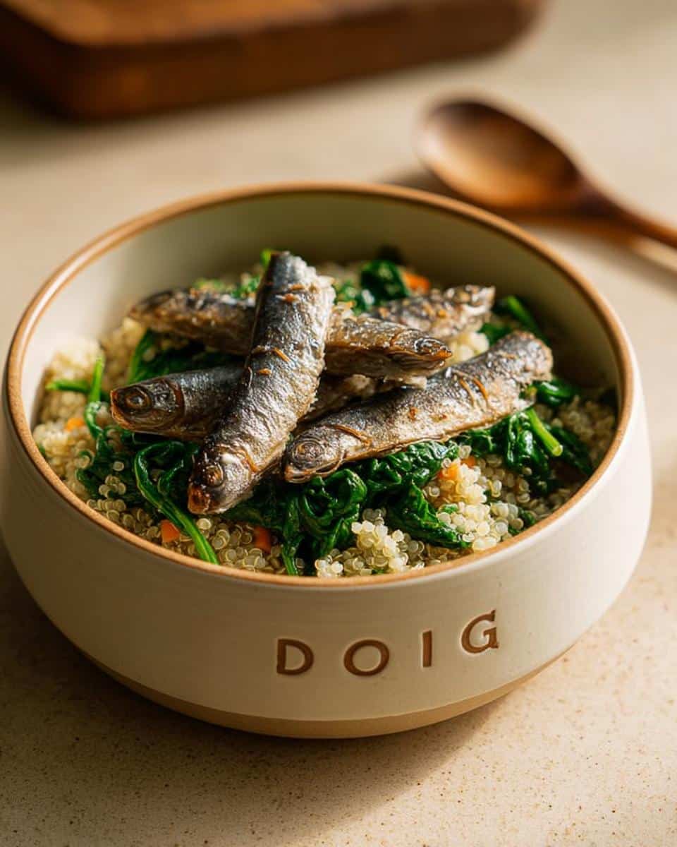 Close-up of a Sardine Quinoa Stamina Bowl featuring whole cooked sardines atop quinoa and wilted spinach.