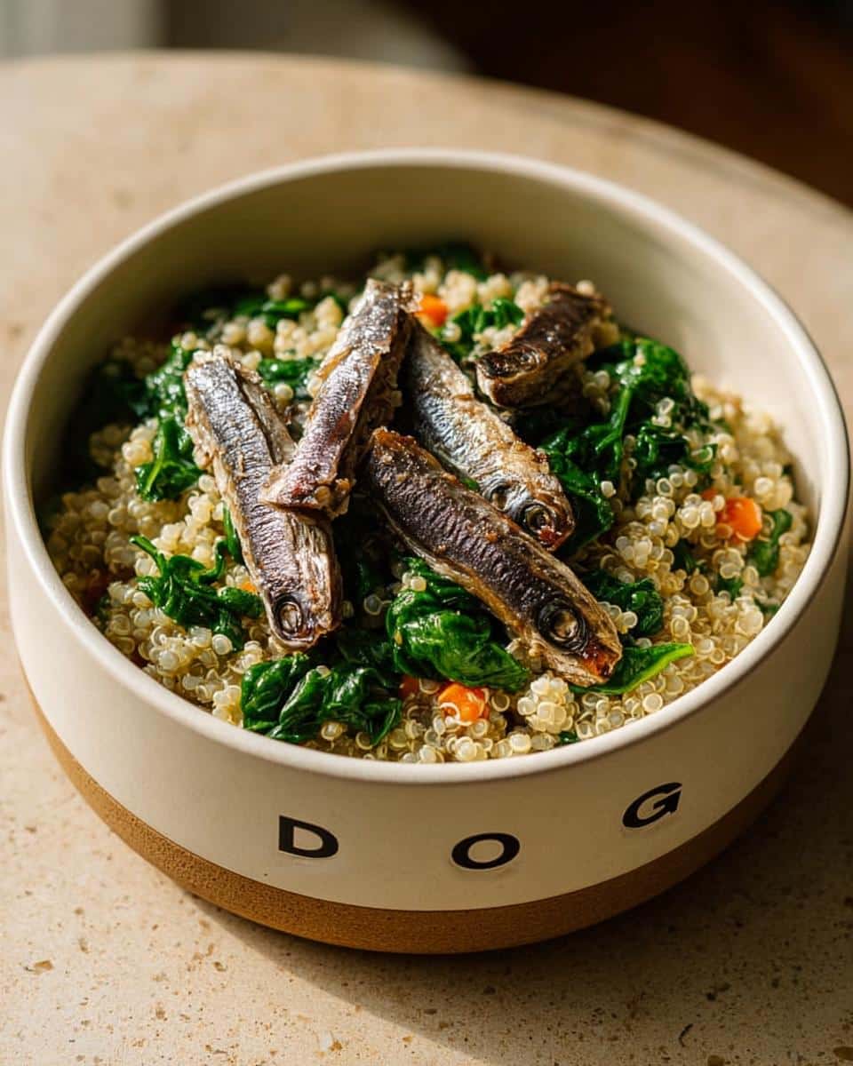 Close-up of a Sardine Quinoa Stamina Bowl featuring quinoa, spinach, and whole sardines on top.