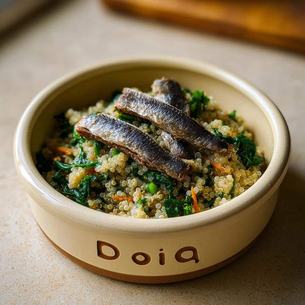 Close-up of a Sardine Quinoa Stamina Bowl featuring quinoa mixed with greens and topped with small whole sardines.
