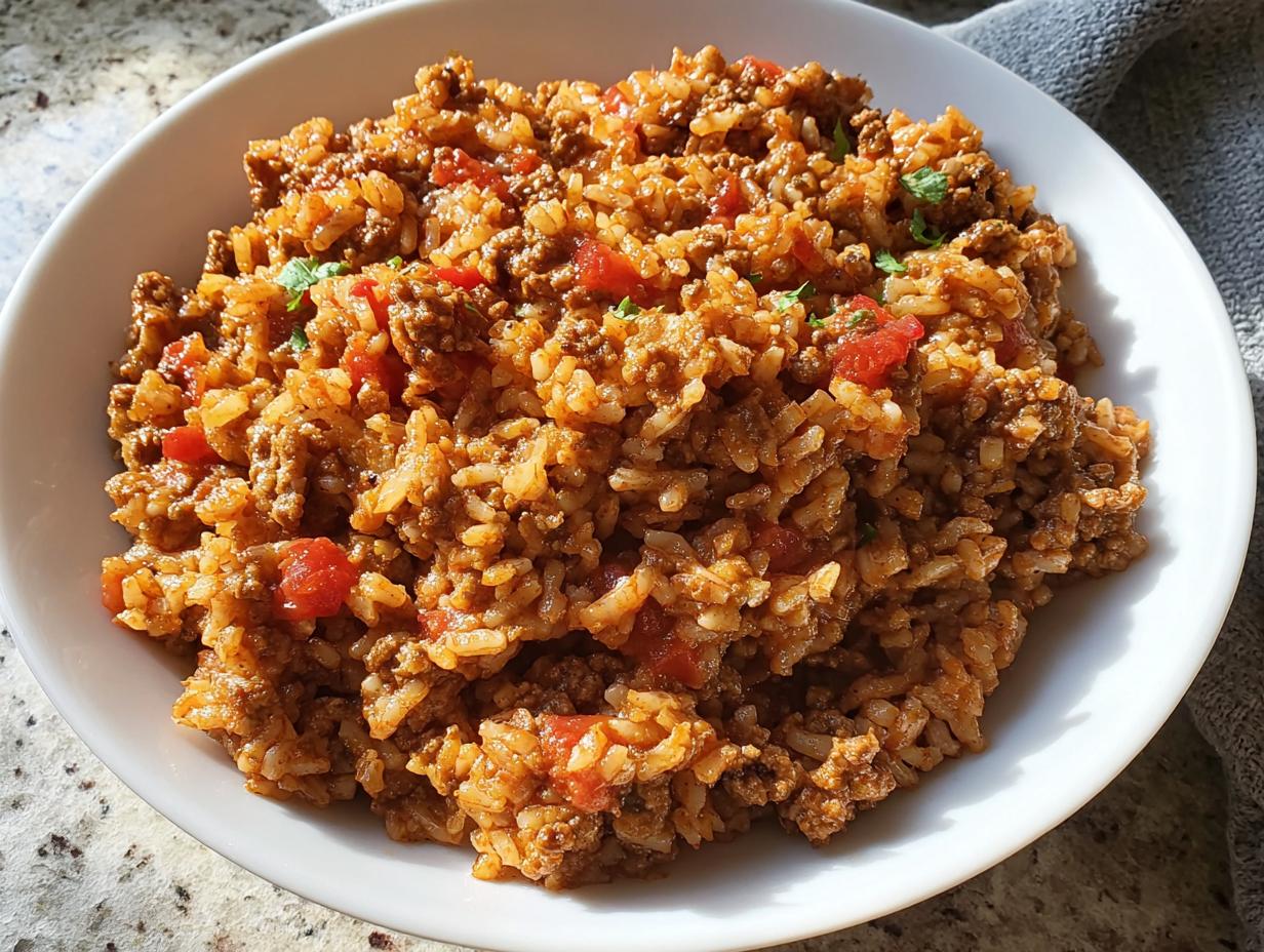 A close-up of a hearty portion of Slow Cooker Beef Rice Meal served in a white bowl.