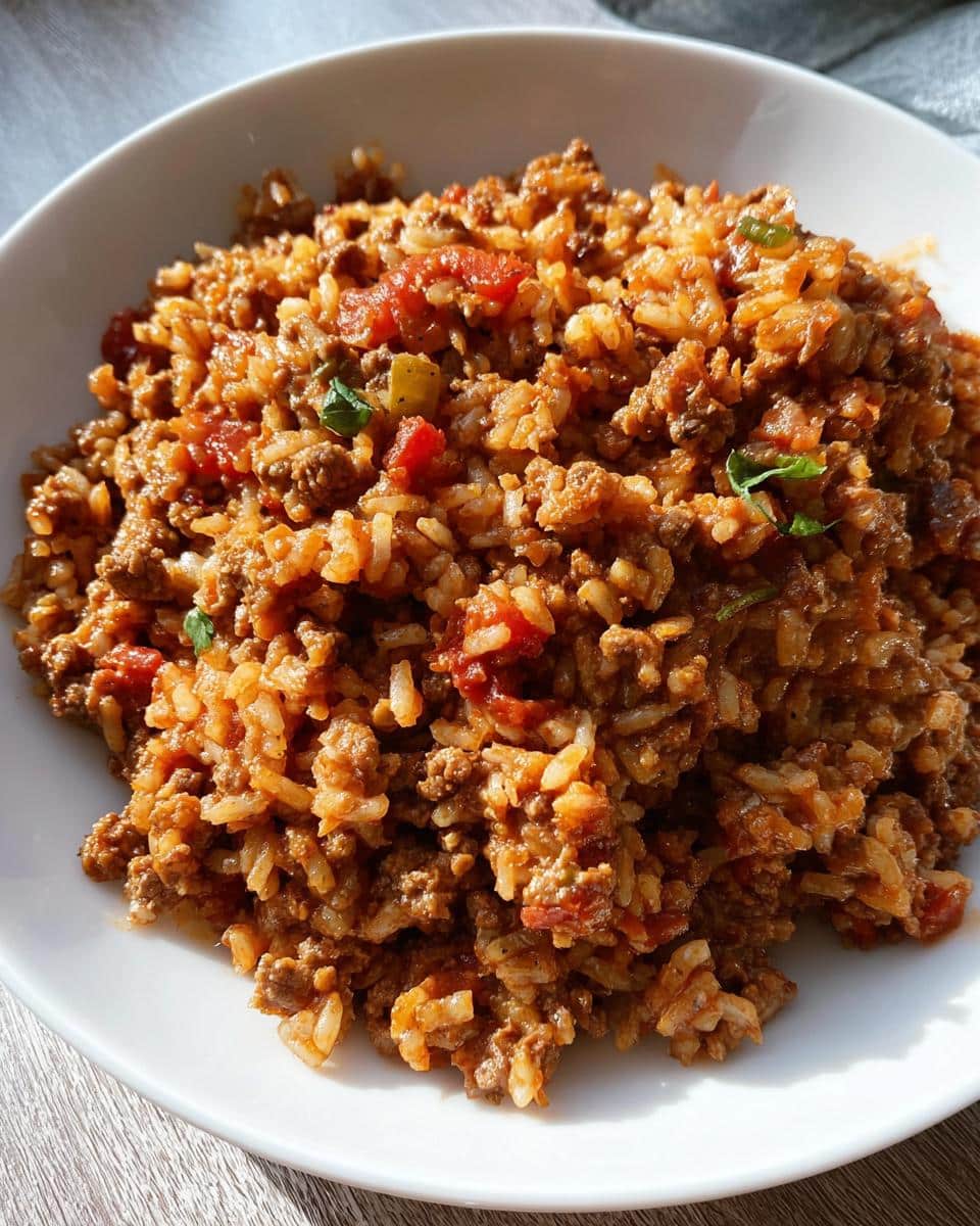 A close-up of a hearty serving of Slow Cooker Beef Rice Meal mixed with ground beef, rice, and tomatoes in a white bowl.