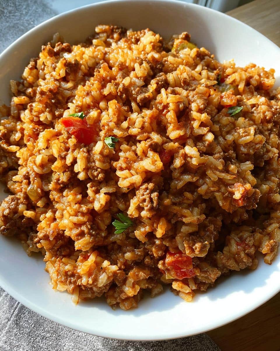 Close-up of a hearty Slow Cooker Beef Rice Meal mixed with ground beef and tomatoes in a white bowl.