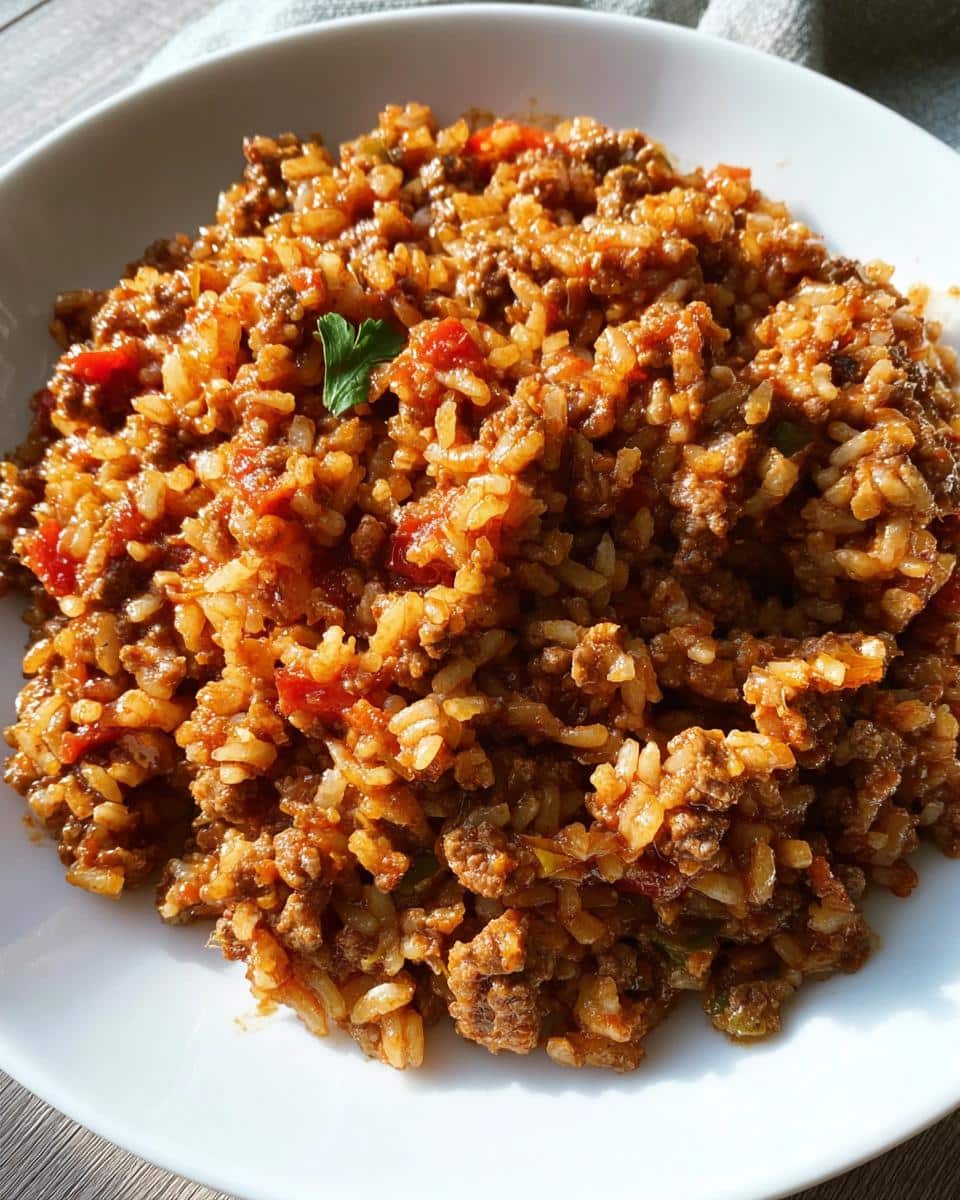 Close-up of a hearty portion of Slow Cooker Beef Rice Meal mixed with ground beef and tomato sauce, garnished with parsley.