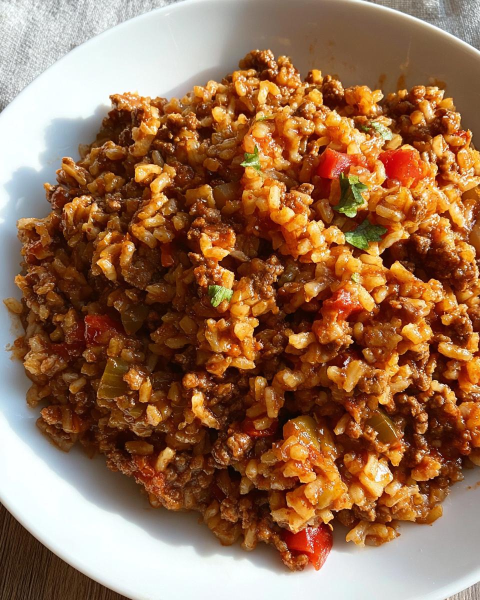 Close-up of a hearty portion of Slow Cooker Beef Rice Meal, featuring ground beef, rice, and diced tomatoes in a white bowl.