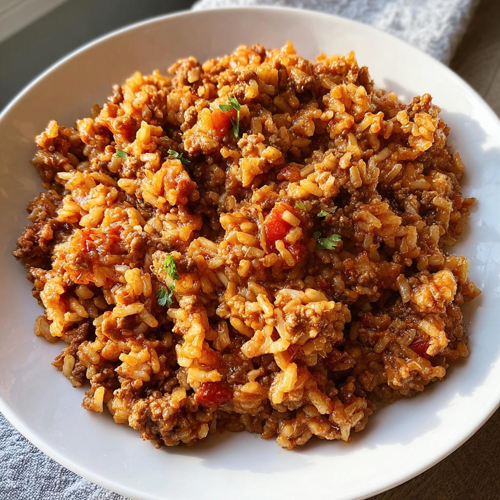 Close-up of a hearty serving of Slow Cooker Beef Rice Meal mixed with ground beef and tomato sauce in a white bowl.