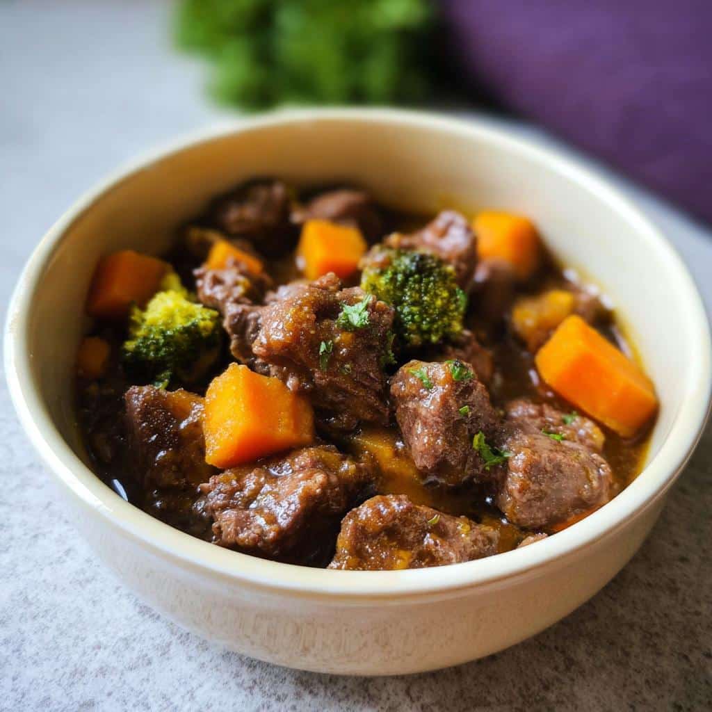 Close-up of a bowl filled with Slow Simmer Beef Dog Stew featuring chunks of beef, bright orange carrots, and green broccoli florets.