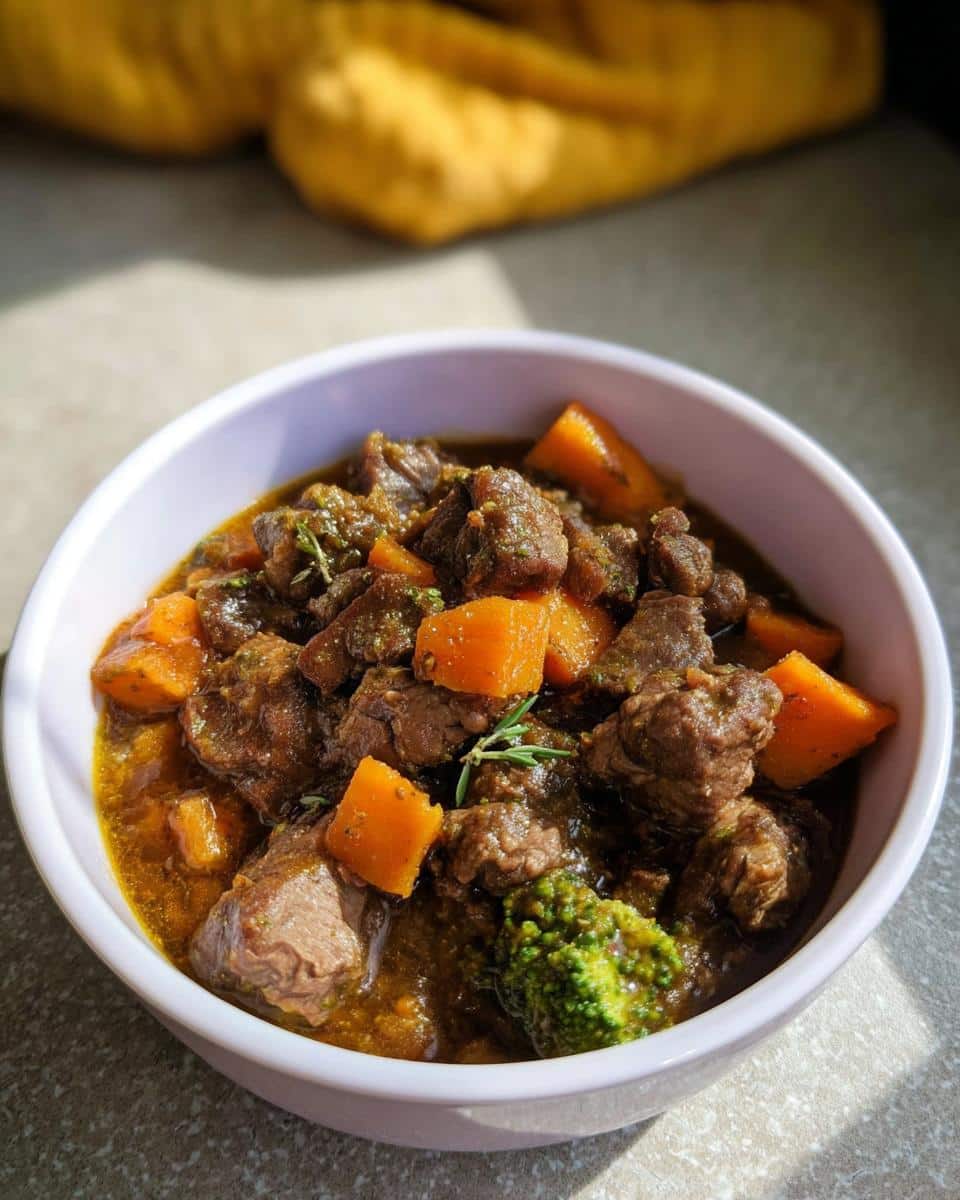 Close-up of a bowl filled with rich Slow Simmer Beef Dog Stew chunks, carrots, and broccoli, garnished with rosemary.