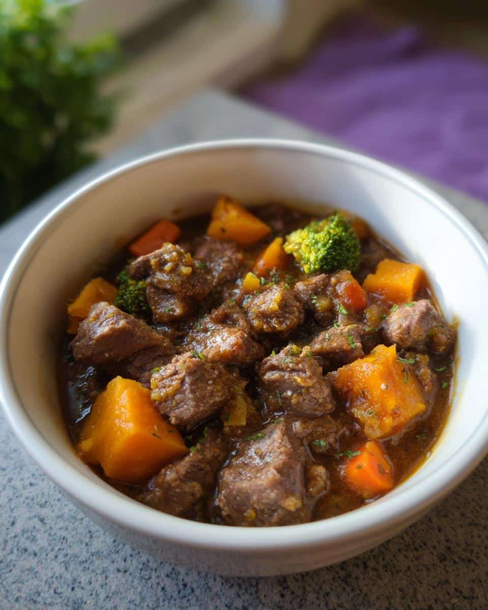 Close-up of a white bowl filled with rich Slow Simmer Beef Dog Stew chunks and orange vegetables.