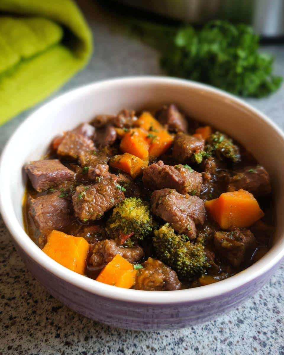 Close-up of a bowl containing Slow Simmer Beef Dog Stew with chunks of beef, orange sweet potato, and green broccoli florets.