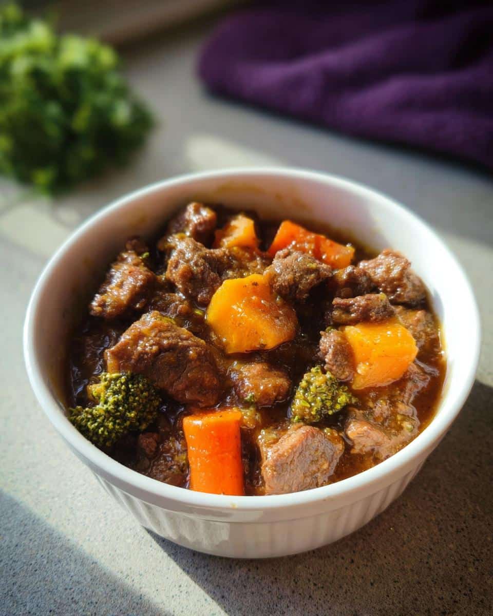 Close-up of a white bowl filled with Slow Simmer Beef Dog Stew, featuring chunks of beef, carrots, and broccoli florets.