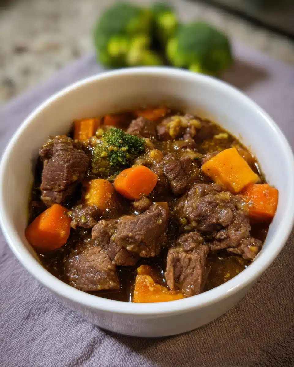 Close-up of a white bowl filled with rich Slow Simmer Beef Dog Stew featuring chunks of beef, carrots, and broccoli.