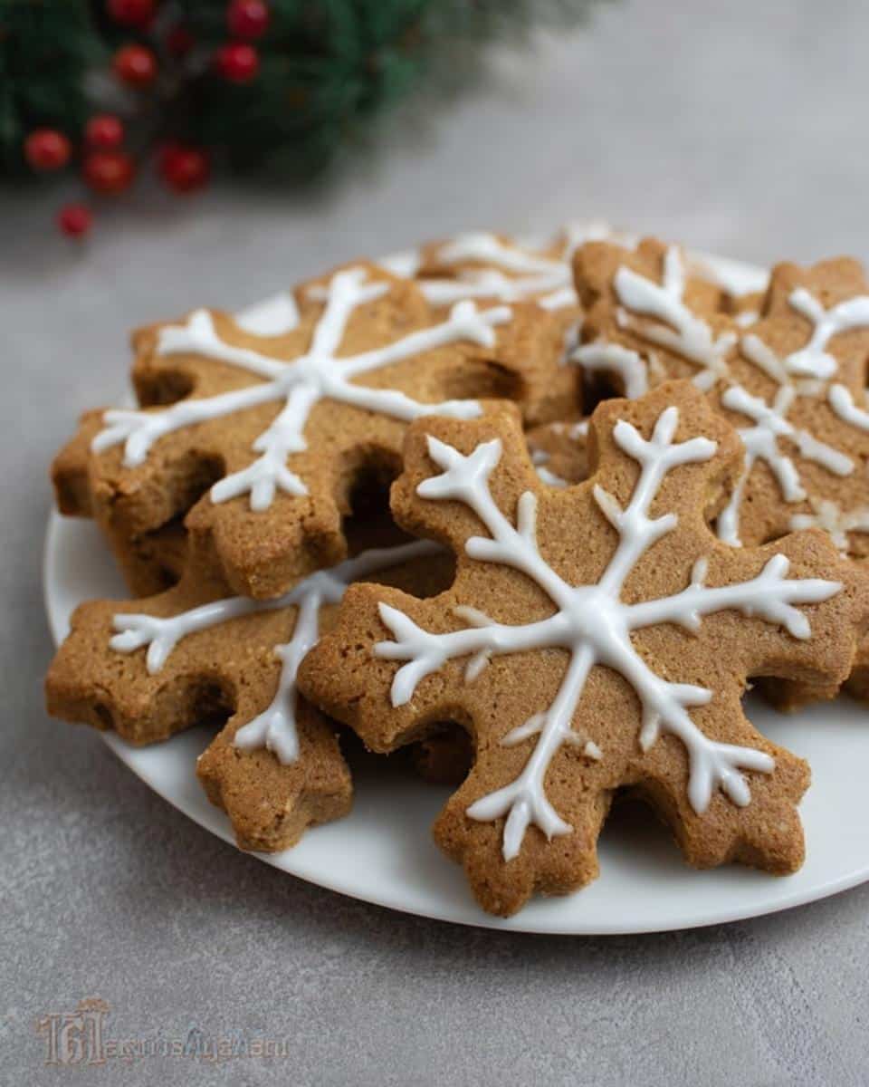 A pile of brown, snowflake-shaped Peanut Butter Snowflake Dog Treats decorated with white icing.