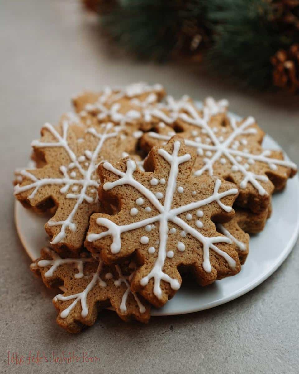 A stack of brown, snowflake-shaped Peanut Butter Snowflake Dog Treats decorated with white icing.