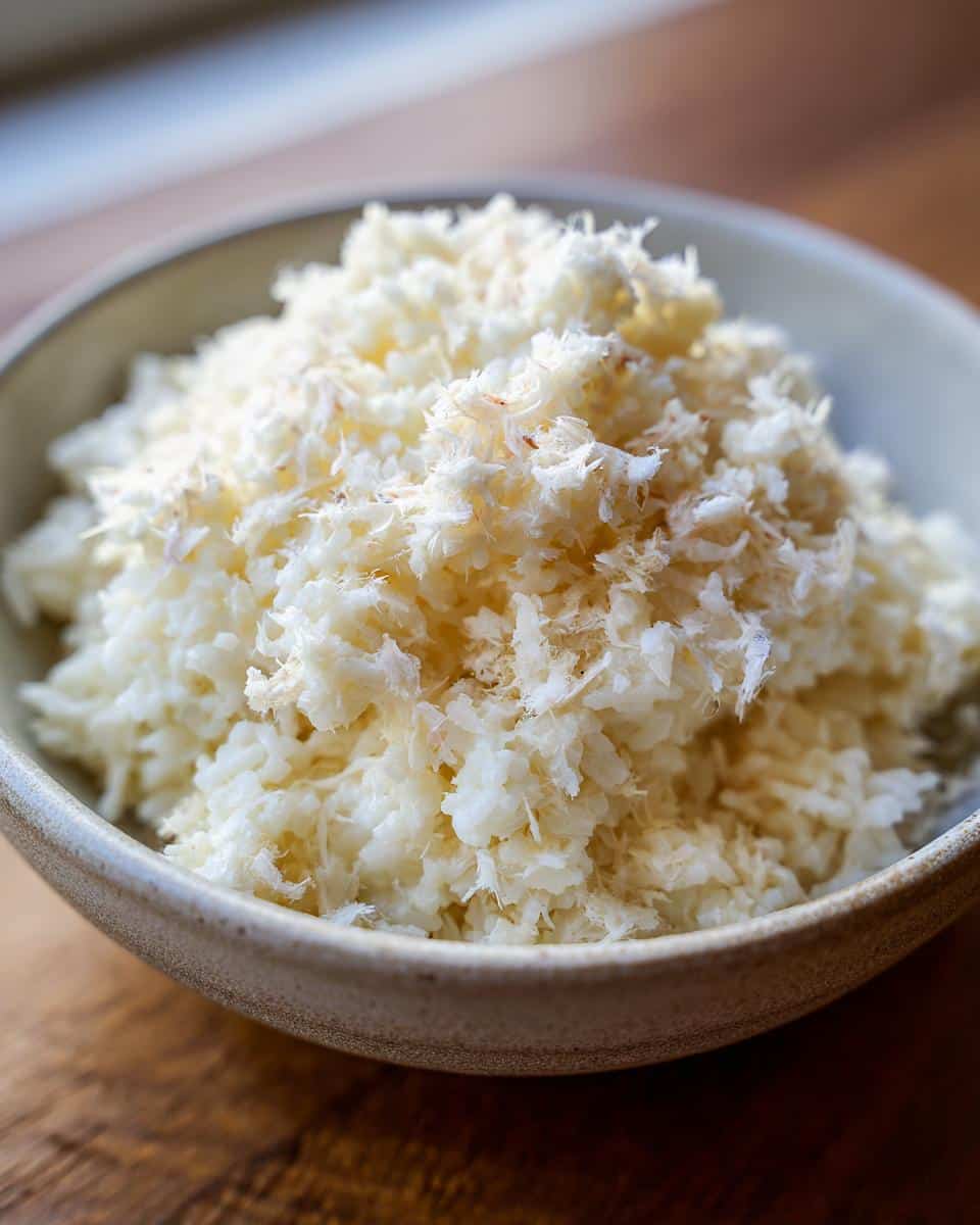 Close-up of a beige bowl filled with Soft Fish Rice Morning Dog Bowl mixture.