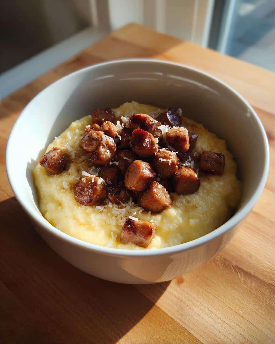 A white bowl filled with creamy Soft Polenta Cheese Dog Breakfast, topped with browned sausage pieces and grated cheese.