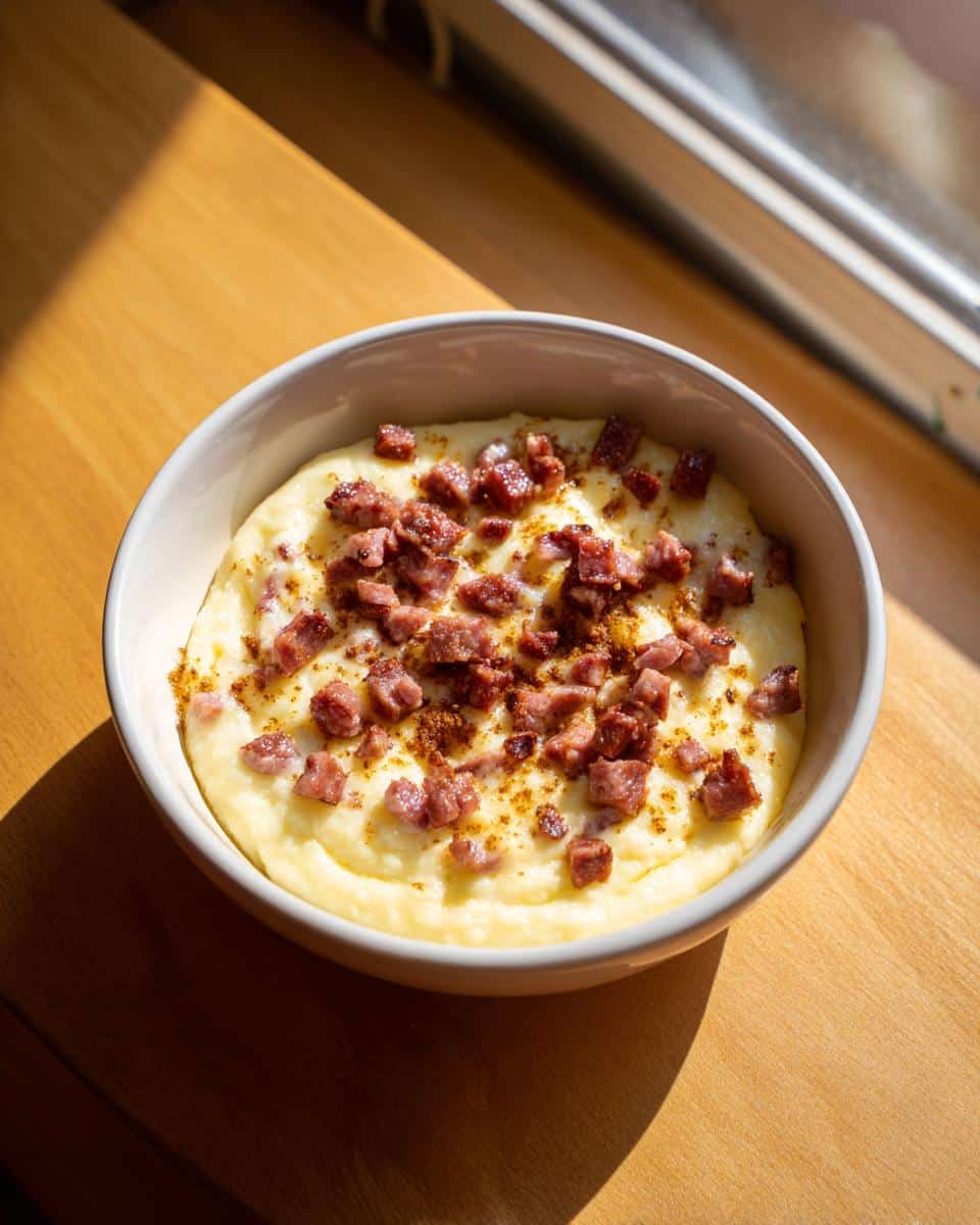 A bowl of creamy Soft Polenta Cheese Dog Breakfast topped with diced sausage pieces.