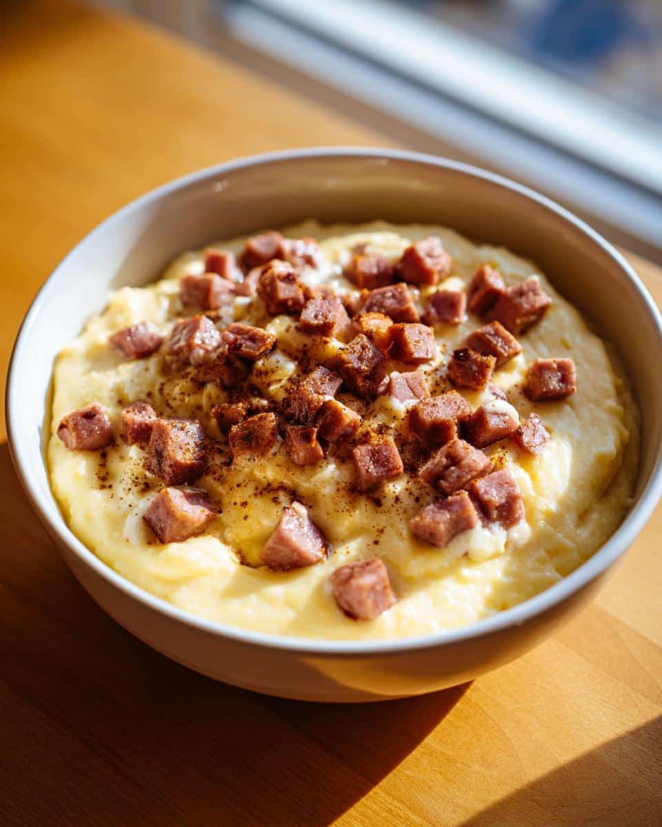 A close-up of Soft Polenta Cheese Dog Breakfast, featuring creamy yellow polenta topped with diced meat and seasoning in a white bowl.