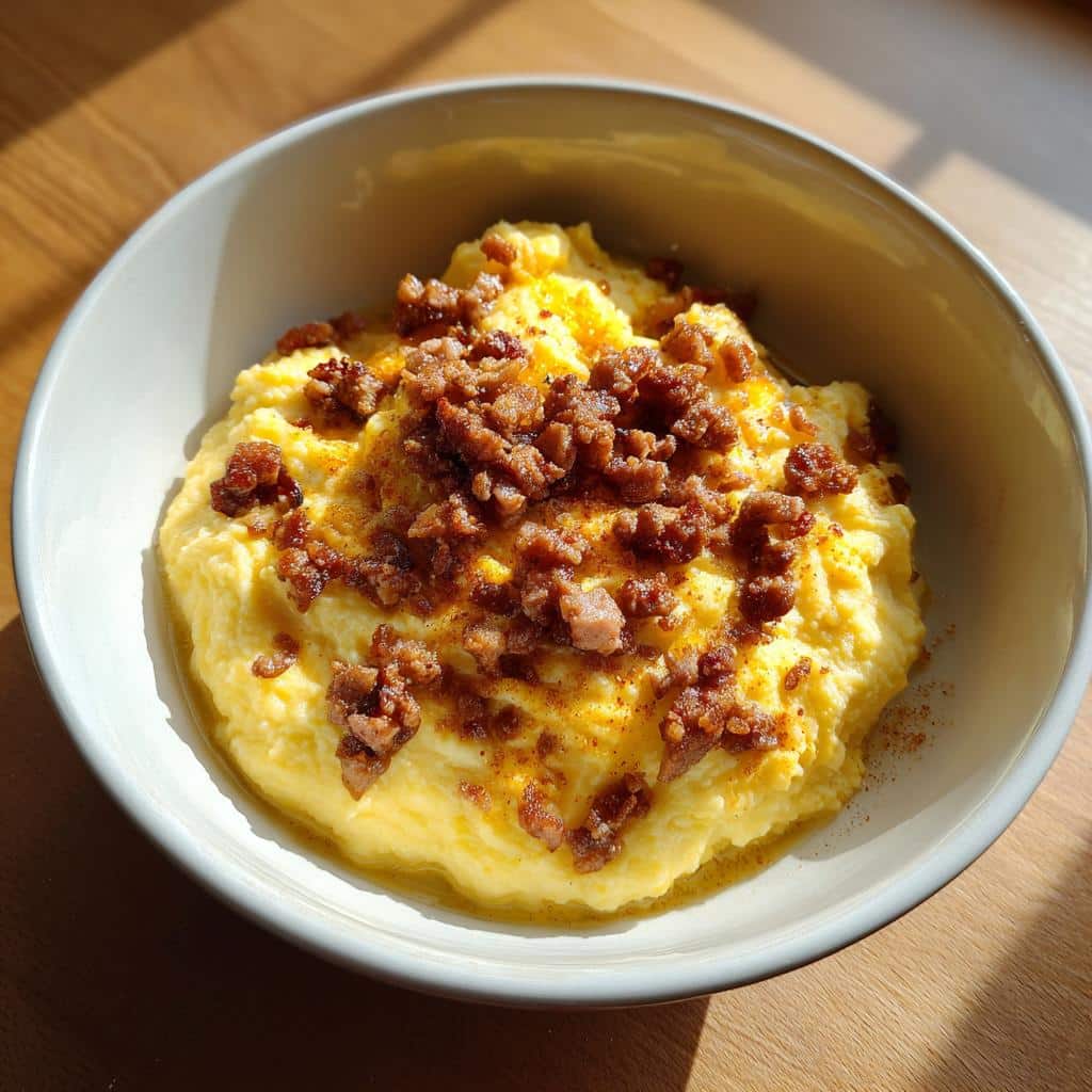 A bowl of creamy yellow Soft Polenta Cheese Dog Breakfast topped with crumbled, browned sausage.