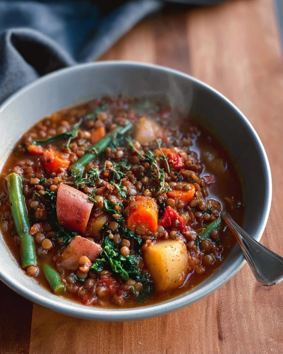 Close-up of a steaming bowl of hearty Lentil Veggie Dog Crock Stew with potatoes, carrots, and green beans.
