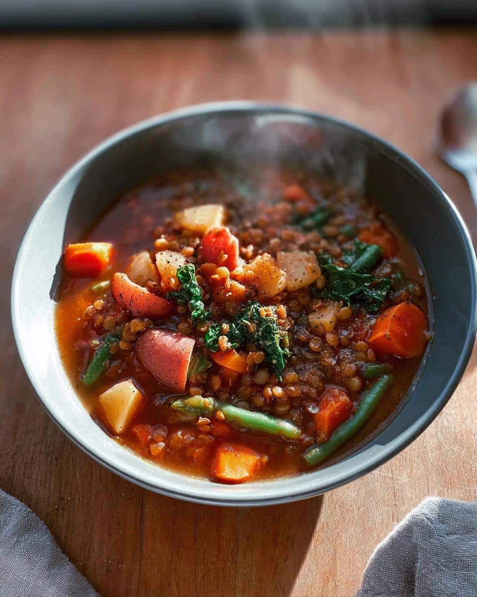 Close-up of a steaming bowl of hearty Lentil Veggie Dog Crock Stew with carrots, potatoes, and green beans.