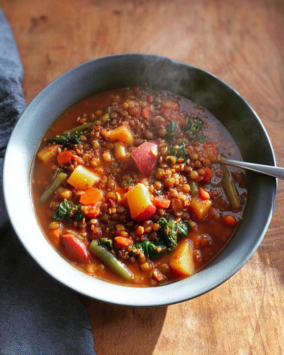 Close-up of a steaming bowl of hearty Lentil Veggie Dog Crock Stew with visible lentils, potatoes, carrots, and greens.