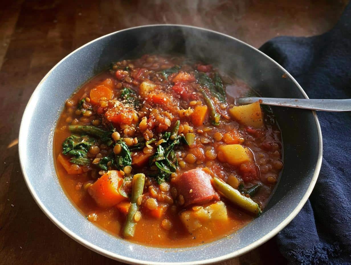 Close-up of a steaming bowl of hearty Lentil Veggie Dog Crock Stew with visible lentils, carrots, potatoes, and greens.