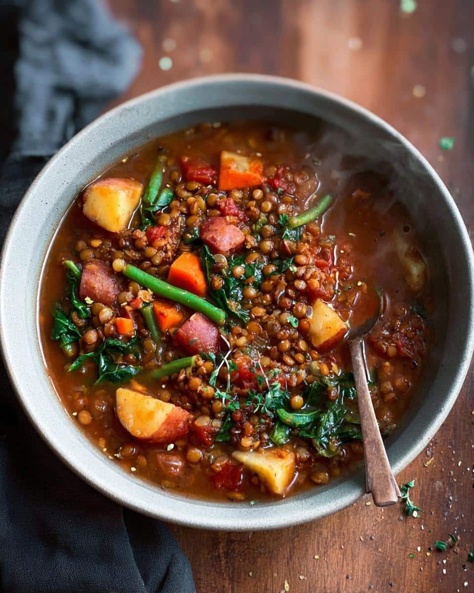 Close-up of a steaming bowl of hearty Lentil Veggie Dog Crock Stew, filled with lentils, potatoes, carrots, and greens.