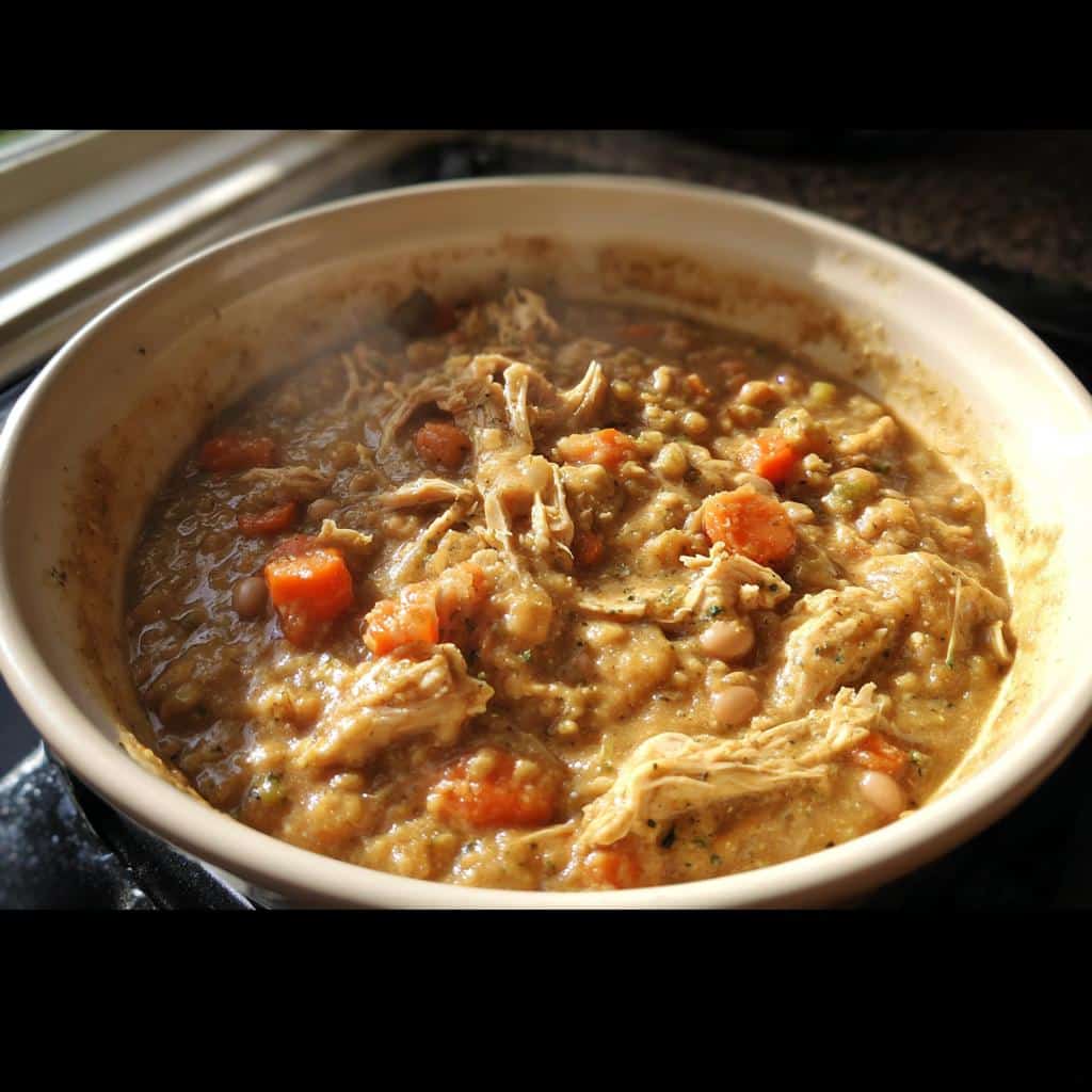 Close-up of a steaming bowl of thick Oat and Chicken Hearth Stew with shredded chicken and carrots.