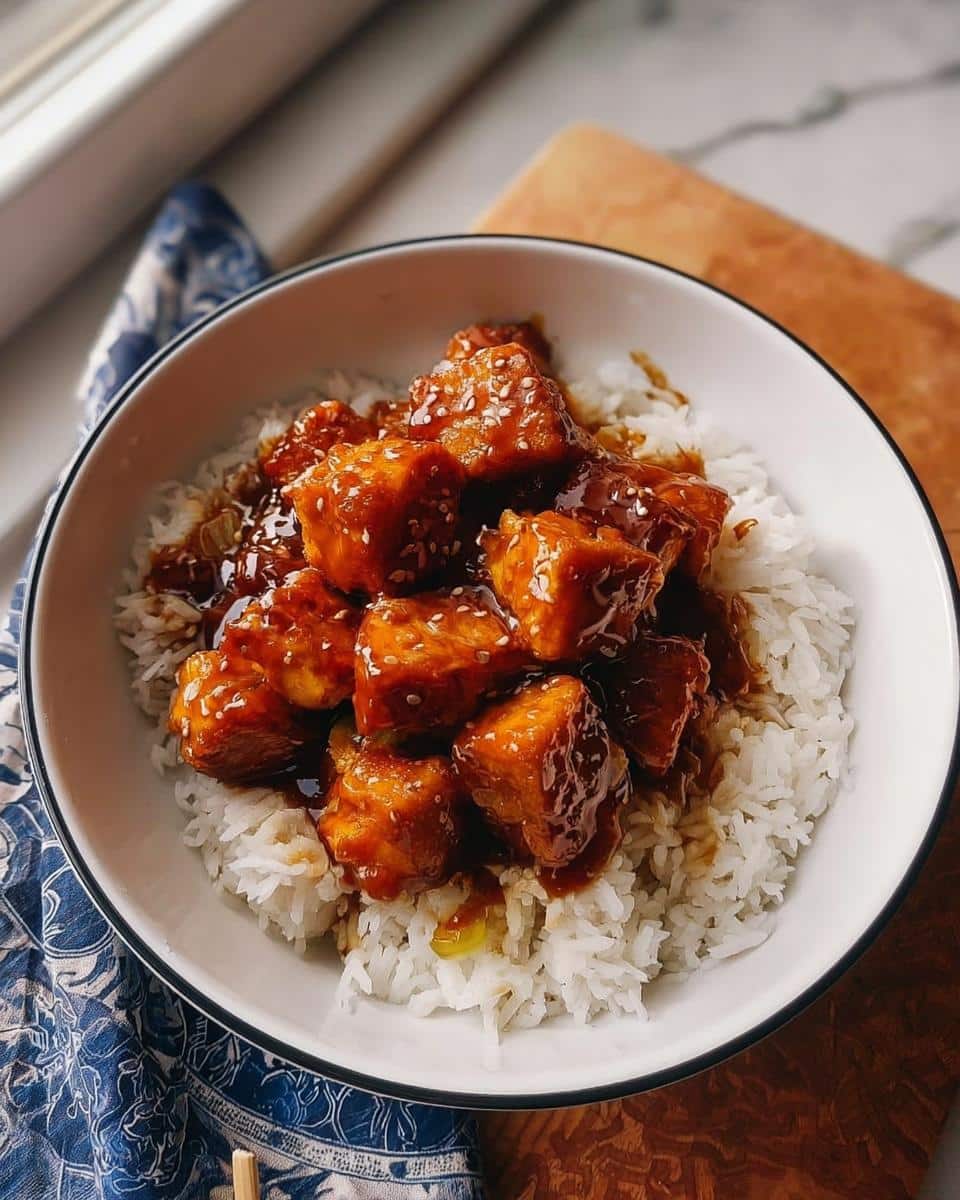 Close-up of glazed tofu cubes served over white rice in a bowl, representing the Rice and Tofu Simple Dog Dish.