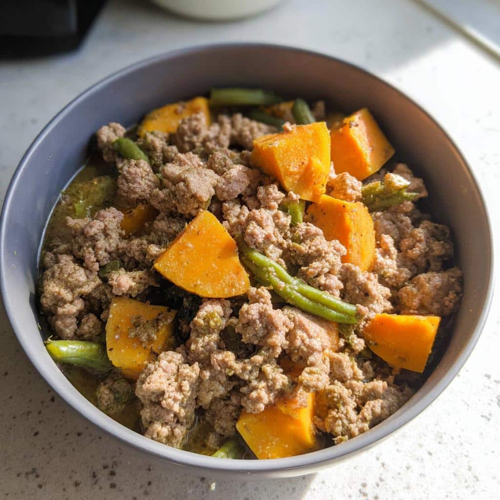 Close-up of a bowl containing Turkey-Free Holiday Dog Stew with ground meat, orange sweet potato chunks, and green beans.