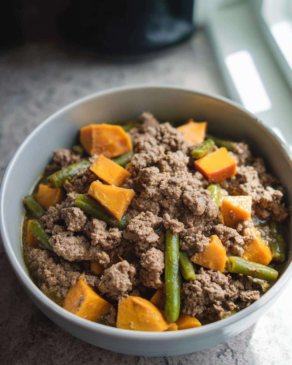 Close-up of Turkey-Free Holiday Dog Stew featuring ground meat, orange sweet potato chunks, and green beans in a light blue bowl.
