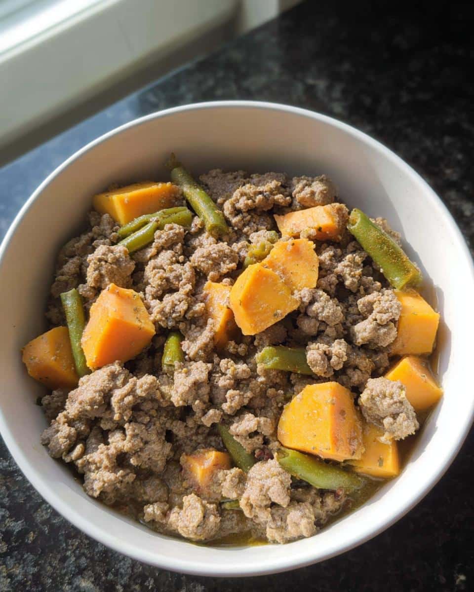 Close-up of Turkey-Free Holiday Dog Stew featuring ground meat, orange sweet potato chunks, and green beans in a white bowl.