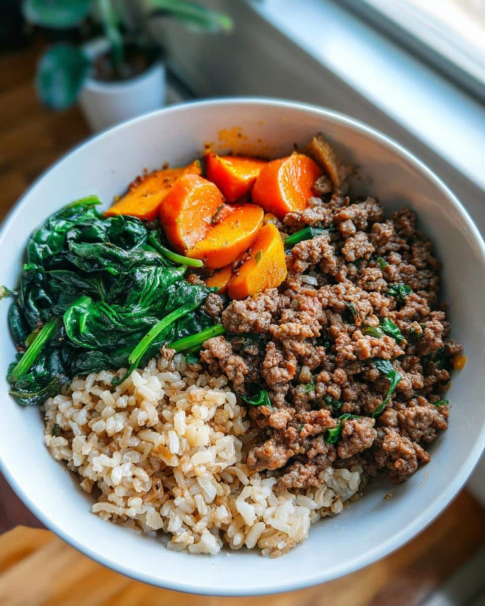 Close-up of a Turkey-Free Mixed Meat Dog Bowl featuring ground meat, brown rice, spinach, and sweet potatoes.