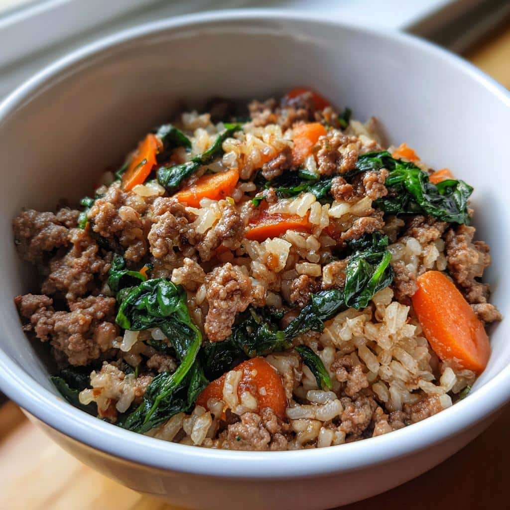 Close-up of a white bowl filled with Turkey-Free Mixed Meat Dog Bowl ingredients: ground meat, brown rice, spinach, and sliced carrots.