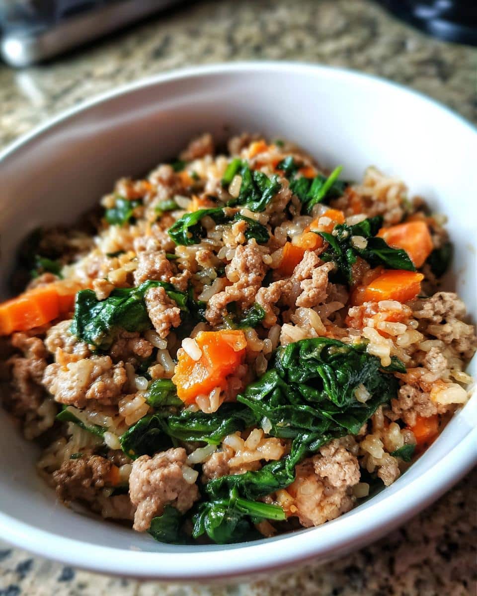 Close-up of a Turkey-Free Mixed Meat Dog Bowl featuring ground meat, brown rice, spinach, and diced carrots.